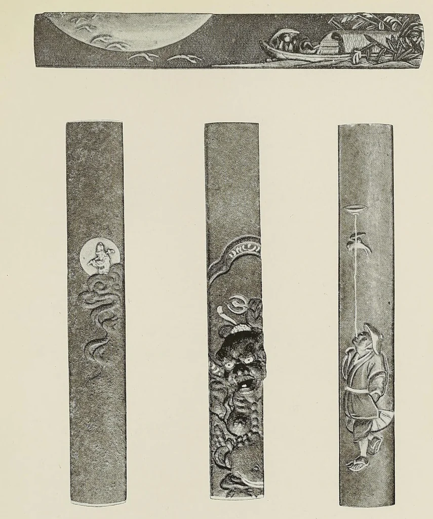 An illustration from Catalogue of arms and armor of old Japan : examples of the famous Miyochin's, and others celebrated for their work in metals : also sword guards, knife handles, pewter, carvings, brocades and other objects of interest to amateurs and connoisseurs :gathered on a recent visit to Japan by Bunkio Matsuki, 1905, leaf 97