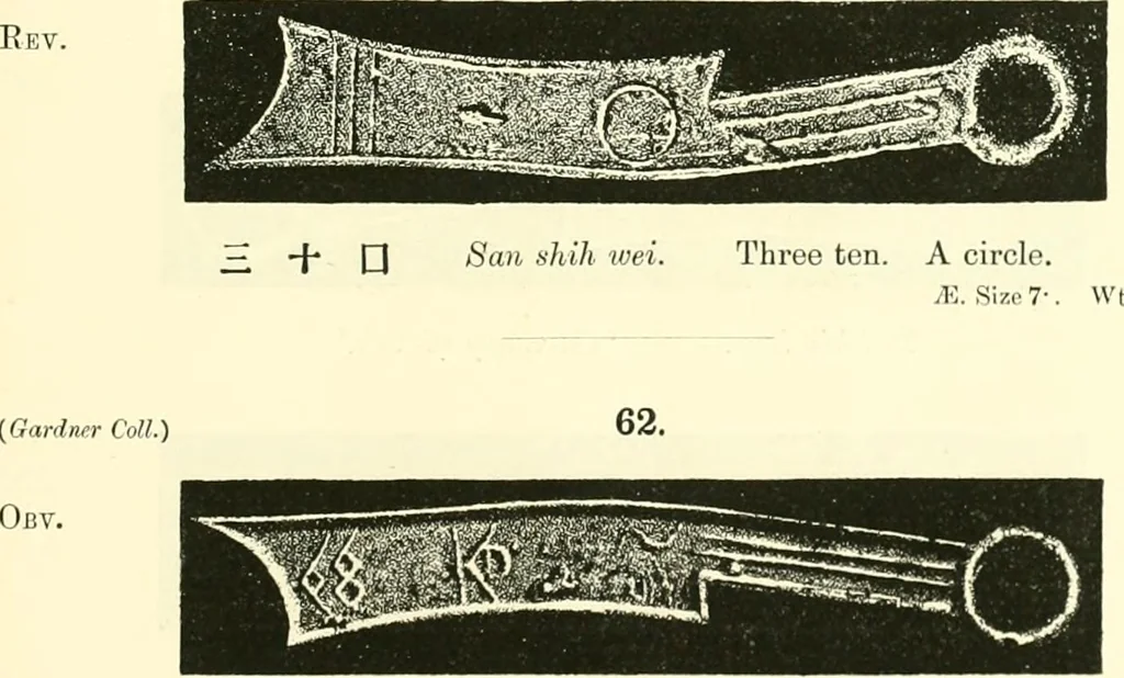 An illustration from Catalogue of Chinese coins from the VIIth cent. B. C., to A. D. 621. including the series in the Britis Museum, 1892, leaf 318