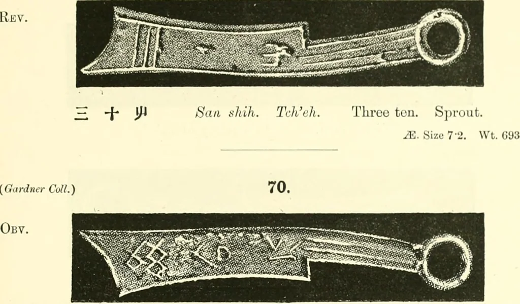 An illustration from Catalogue of Chinese coins from the VIIth cent. B. C., to A. D. 621. including the series in the Britis Museum, 1892, leaf 322