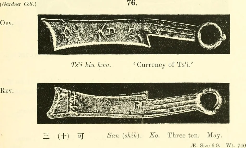 An illustration from Catalogue of Chinese coins from the VIIth cent. B. C., to A. D. 621. including the series in the Britis Museum, 1892, leaf 324