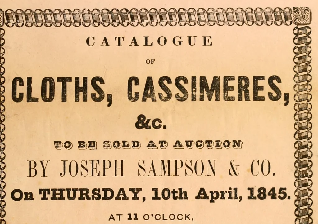 An illustration from Catalogue of cloths, cassimeres, &c. to be sold at auction by Joseph Sampson & Co. on Thursday, 10th April, 1845., 1845, leaf 1