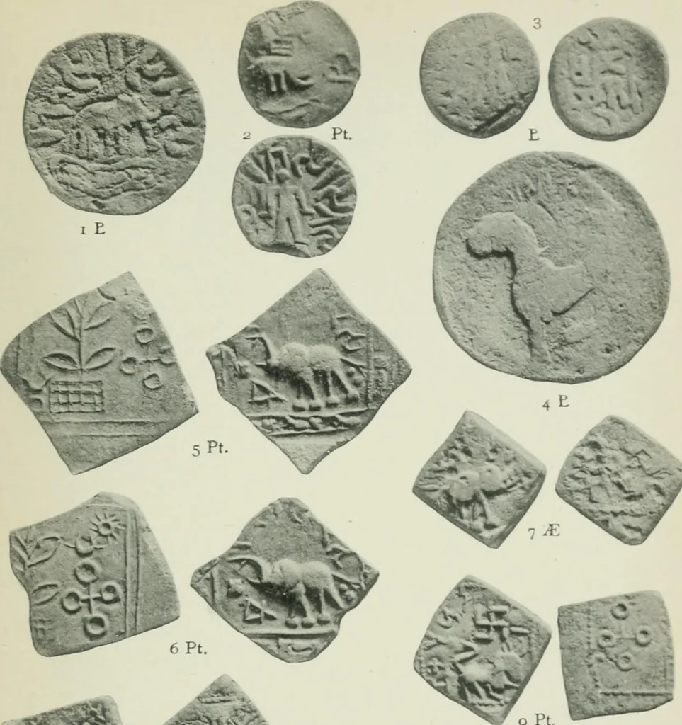 An illustration from Catalogue of the coins of the Andhra dynasty, the Western Ksatrapas, the Traikutaka dynasty, and the "Bodhi" dynasty, 1908, leaf 482