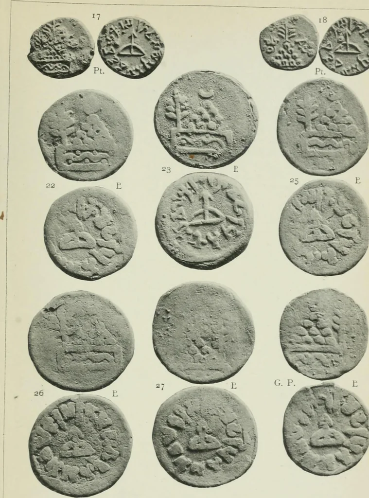 An illustration from Catalogue of the coins of the Andhra dynasty, the Western Ksatrapas, the Traikutaka dynasty, and the "Bodhi" dynasty, 1908, leaf 484