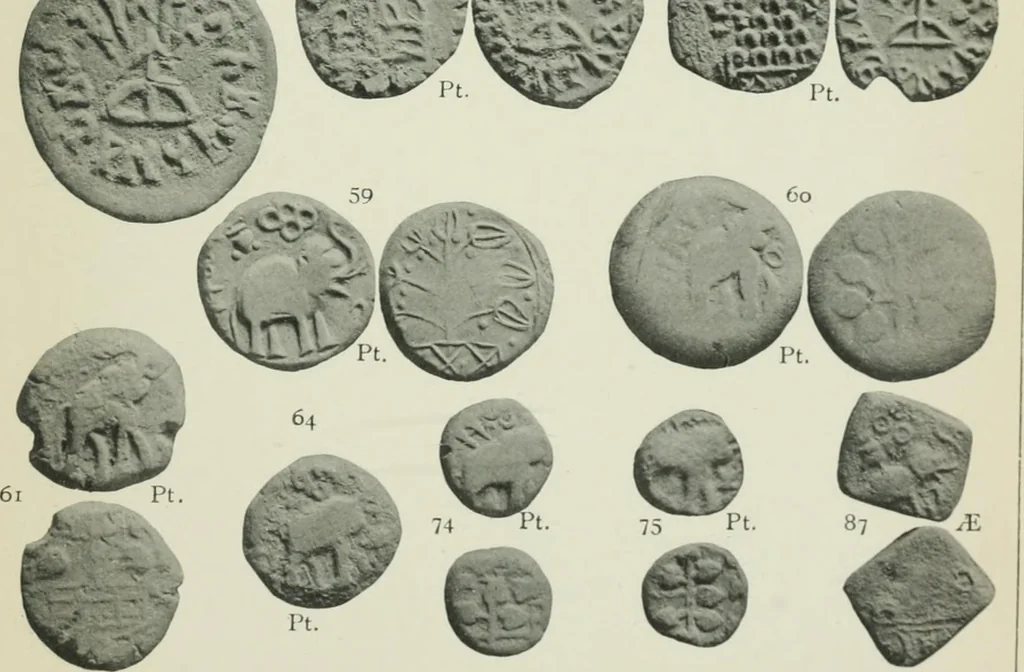 An illustration from Catalogue of the coins of the Andhra dynasty, the Western Ksatrapas, the Traikutaka dynasty, and the "Bodhi" dynasty, 1908, leaf 488