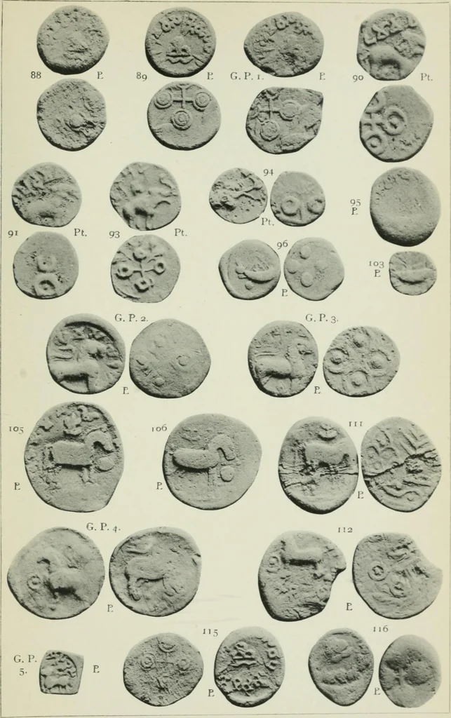 An illustration from Catalogue of the coins of the Andhra dynasty, the Western Ksatrapas, the Traikutaka dynasty, and the "Bodhi" dynasty, 1908, leaf 490