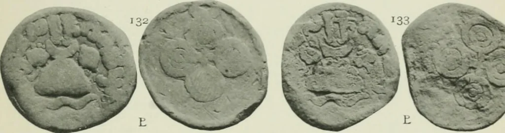 An illustration from Catalogue of the coins of the Andhra dynasty, the Western Ksatrapas, the Traikutaka dynasty, and the "Bodhi" dynasty, 1908, leaf 492