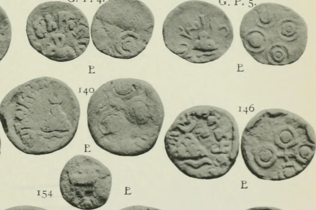 An illustration from Catalogue of the coins of the Andhra dynasty, the Western Ksatrapas, the Traikutaka dynasty, and the "Bodhi" dynasty, 1908, leaf 492