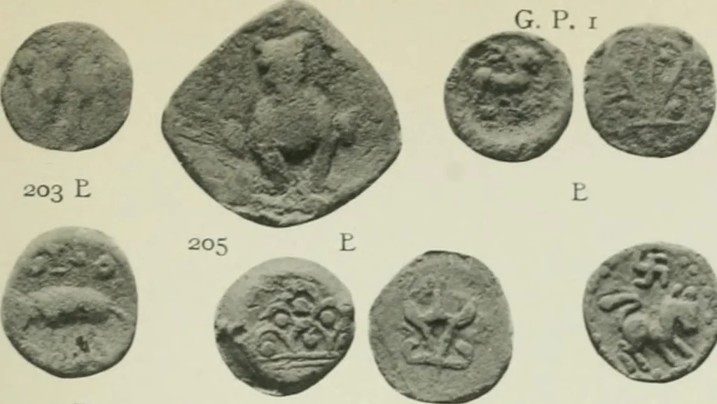 An illustration from Catalogue of the coins of the Andhra dynasty, the Western Ksatrapas, the Traikutaka dynasty, and the "Bodhi" dynasty, 1908, leaf 496