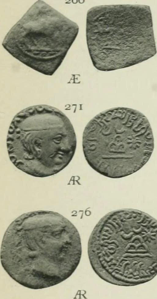 An illustration from Catalogue of the coins of the Andhra dynasty, the Western Ksatrapas, the Traikutaka dynasty, and the "Bodhi" dynasty, 1908, leaf 500