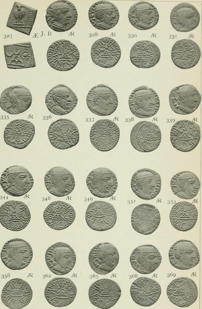 An illustration from Catalogue of the coins of the Andhra dynasty, the Western Ksatrapas, the Traikutaka dynasty, and the "Bodhi" dynasty, 1908, leaf 504