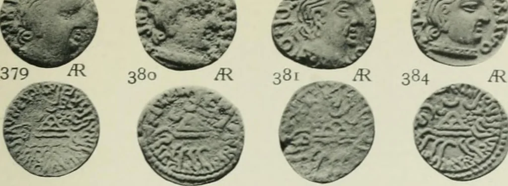 An illustration from Catalogue of the coins of the Andhra dynasty, the Western Ksatrapas, the Traikutaka dynasty, and the "Bodhi" dynasty, 1908, leaf 506
