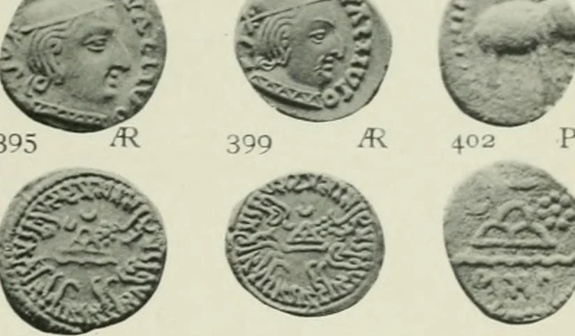 An illustration from Catalogue of the coins of the Andhra dynasty, the Western Ksatrapas, the Traikutaka dynasty, and the "Bodhi" dynasty, 1908, leaf 506