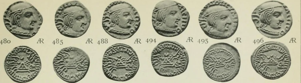 An illustration from Catalogue of the coins of the Andhra dynasty, the Western Ksatrapas, the Traikutaka dynasty, and the "Bodhi" dynasty, 1908, leaf 508
