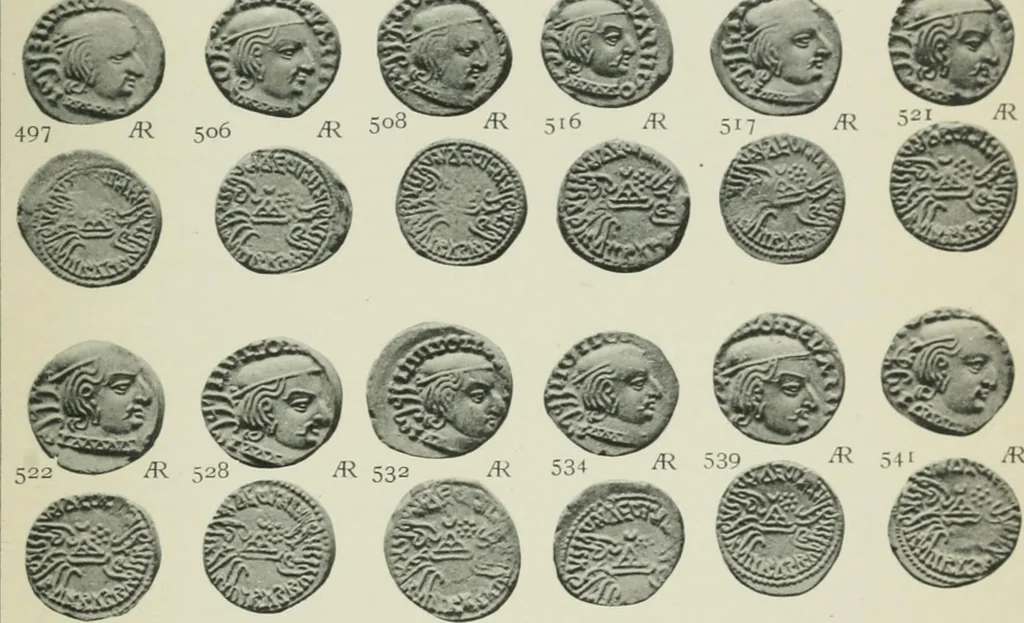 An illustration from Catalogue of the coins of the Andhra dynasty, the Western Ksatrapas, the Traikutaka dynasty, and the "Bodhi" dynasty, 1908, leaf 508