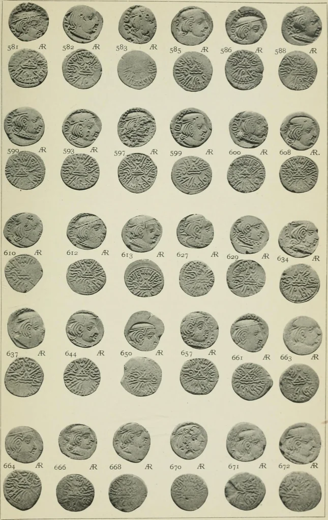 An illustration from Catalogue of the coins of the Andhra dynasty, the Western Ksatrapas, the Traikutaka dynasty, and the "Bodhi" dynasty, 1908, leaf 510