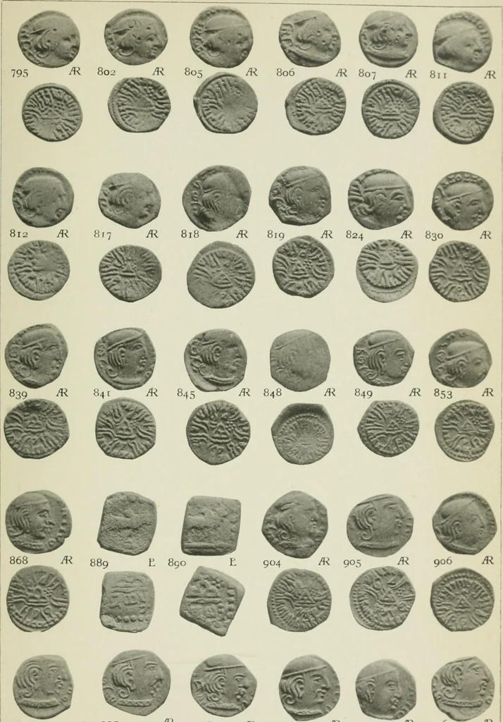 An illustration from Catalogue of the coins of the Andhra dynasty, the Western Ksatrapas, the Traikutaka dynasty, and the "Bodhi" dynasty, 1908, leaf 514