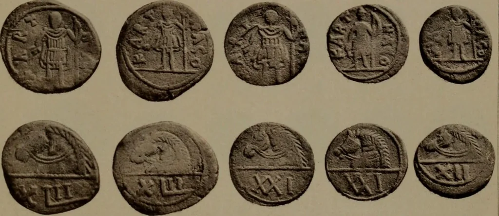 An illustration from Catalogue of the coins of the Vandals, Ostrogoths and Lombards, and of the empires of Thessalonica, Nicaea and Trebizond in the British museum, 1911, leaf 444