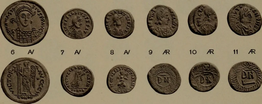 An illustration from Catalogue of the coins of the Vandals, Ostrogoths and Lombards, and of the empires of Thessalonica, Nicaea and Trebizond in the British museum, 1911, leaf 446