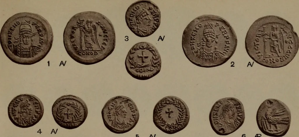 An illustration from Catalogue of the coins of the Vandals, Ostrogoths and Lombards, and of the empires of Thessalonica, Nicaea and Trebizond in the British museum, 1911, leaf 452