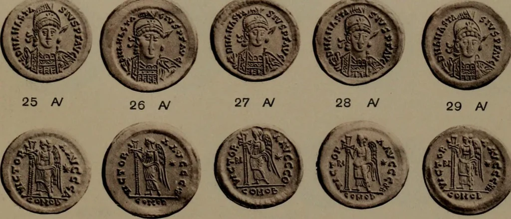 An illustration from Catalogue of the coins of the Vandals, Ostrogoths and Lombards, and of the empires of Thessalonica, Nicaea and Trebizond in the British museum, 1911, leaf 454