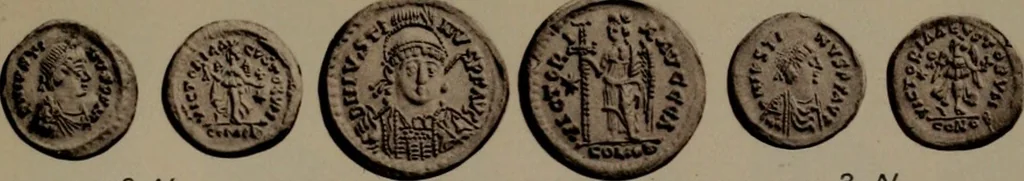 An illustration from Catalogue of the coins of the Vandals, Ostrogoths and Lombards, and of the empires of Thessalonica, Nicaea and Trebizond in the British museum, 1911, leaf 454