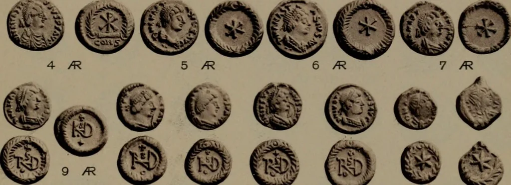 An illustration from Catalogue of the coins of the Vandals, Ostrogoths and Lombards, and of the empires of Thessalonica, Nicaea and Trebizond in the British museum, 1911, leaf 454