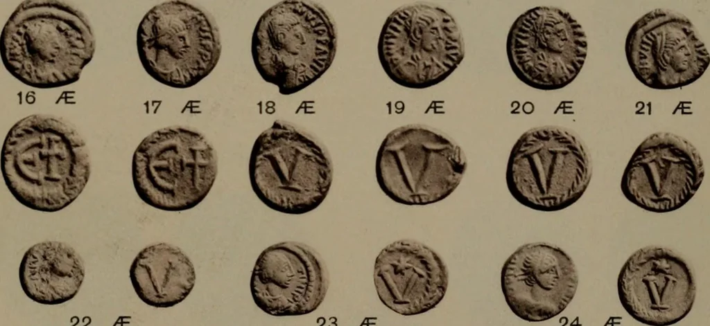An illustration from Catalogue of the coins of the Vandals, Ostrogoths and Lombards, and of the empires of Thessalonica, Nicaea and Trebizond in the British museum, 1911, leaf 454