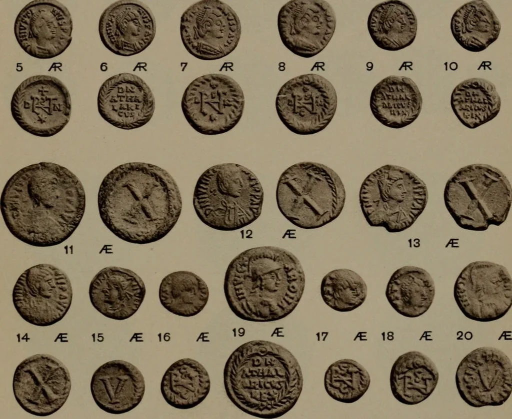 An illustration from Catalogue of the coins of the Vandals, Ostrogoths and Lombards, and of the empires of Thessalonica, Nicaea and Trebizond in the British museum, 1911, leaf 458