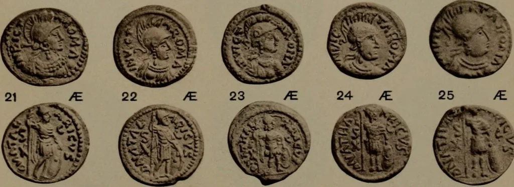 An illustration from Catalogue of the coins of the Vandals, Ostrogoths and Lombards, and of the empires of Thessalonica, Nicaea and Trebizond in the British museum, 1911, leaf 458