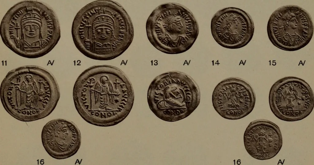An illustration from Catalogue of the coins of the Vandals, Ostrogoths and Lombards, and of the empires of Thessalonica, Nicaea and Trebizond in the British museum, 1911, leaf 472