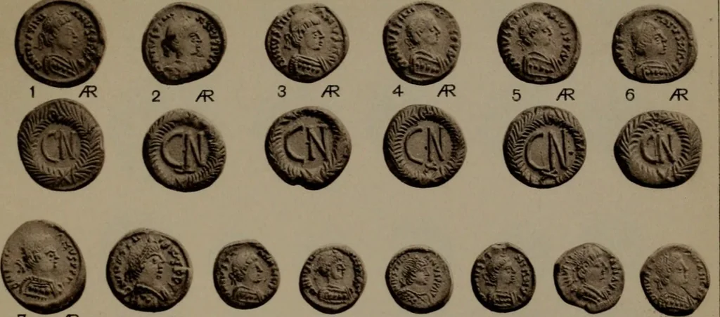 An illustration from Catalogue of the coins of the Vandals, Ostrogoths and Lombards, and of the empires of Thessalonica, Nicaea and Trebizond in the British museum, 1911, leaf 474