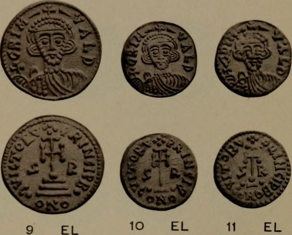 An illustration from Catalogue of the coins of the Vandals, Ostrogoths and Lombards, and of the empires of Thessalonica, Nicaea and Trebizond in the British museum, 1911, leaf 486