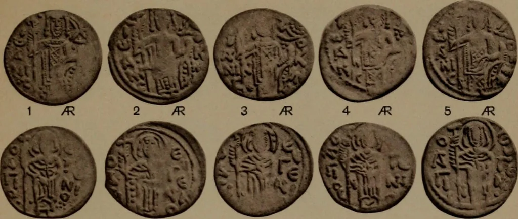 An illustration from Catalogue of the coins of the Vandals, Ostrogoths and Lombards, and of the empires of Thessalonica, Nicaea and Trebizond in the British museum, 1911, leaf 504