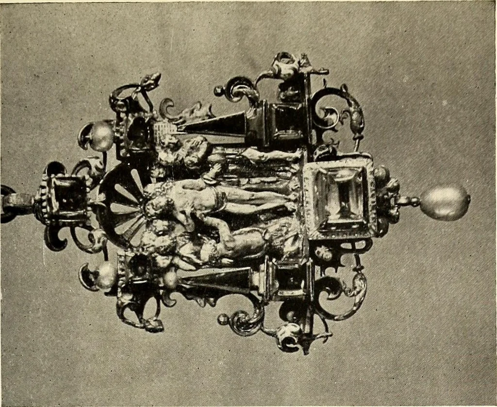 An illustration from Catalogue of the furniture, marbles, bronzes, clocks, candelabra, majolica, porcelain, glass, jewelery, goldsmith's and silversmith's work, ivories, medals, illuminations, miniatures, and objects of art generally, in the Wallace collection, 1910, leaf 254