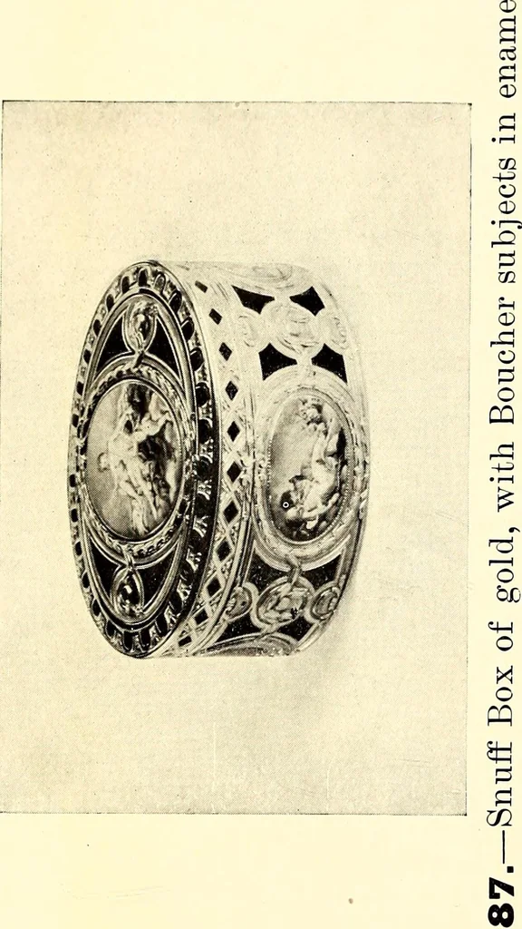 An illustration from Catalogue of the furniture, marbles, bronzes, clocks, candelabra, majolica, porcelain, glass, jewelery, goldsmith's and silversmith's work, ivories, medals, illuminations, miniatures, and objects of art generally, in the Wallace collection, 1910, leaf 351