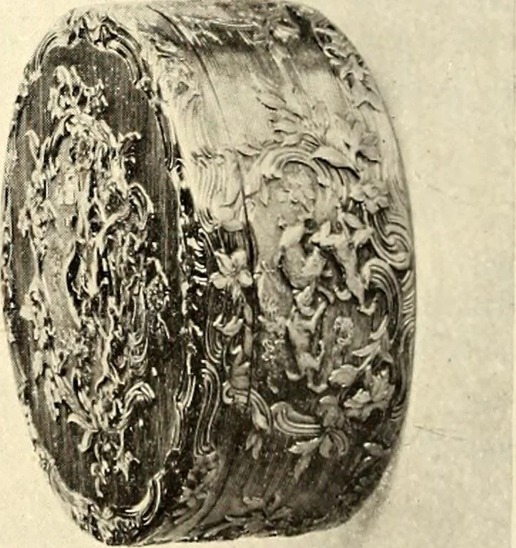 An illustration from Catalogue of the furniture, marbles, bronzes, clocks, candelabra, majolica, porcelain, glass, jewelery, goldsmith's and silversmith's work, ivories, medals, illuminations, miniatures, and objects of art generally, in the Wallace collection, 1910, leaf 351