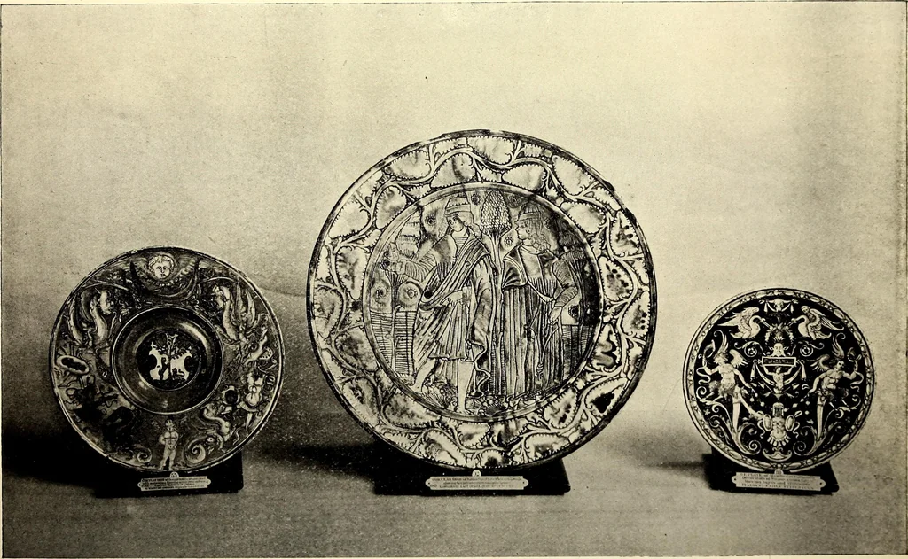 An illustration from Catalogue of the furniture, marbles, bronzes, clocks, candelabra, majolica, porcelain, glass, jewelery, goldsmith's and silversmith's work, ivories, medals, illuminations, miniatures, and objects of art generally, in the Wallace collection, 1910, leaf 75