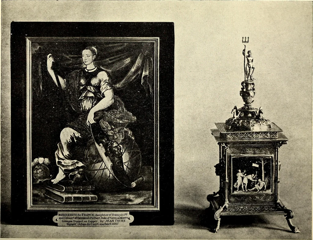 An illustration from Catalogue of the furniture, marbles, bronzes, clocks, candelabra, majolica, porcelain, glass, jewelery, goldsmith's and silversmith's work, ivories, medals, illuminations, miniatures, and objects of art generally, in the Wallace collection, 1910, leaf 97