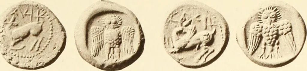 An illustration from Catalogue of Greek coins in the Hunterian collection, University of Glasgow, 1899, leaf 722