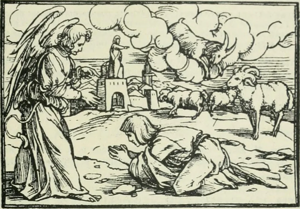 An illustration from Catalogue of an important library of rare and valuable books; incunabula typographica, mostly in original bindings; illustrated books of the XVIth and XVIIIth century; early Americana; Standard works on the fine arts; bibles and liturgical books; fine bindings; Judaica; early books on geography, etc., including Hypnerotomachia Poliphili, 1499; Schatzbehalter, 1491; Terentius, Venezia, 1497; Valturius, 1483; Dürers Hroswitha, Proportion a.o. Holbeins Dance of Death, 1538; The first Holbein Bible; Theuerdank, 1519; Monument du Costume; Janscha-Ziegler, Rheinansichten, etc, 1900, leaf 120