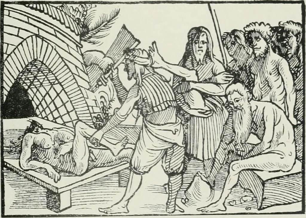 An illustration from Catalogue of an important library of rare and valuable books; incunabula typographica, mostly in original bindings; illustrated books of the XVIth and XVIIIth century; early Americana; Standard works on the fine arts; bibles and liturgical books; fine bindings; Judaica; early books on geography, etc., including Hypnerotomachia Poliphili, 1499; Schatzbehalter, 1491; Terentius, Venezia, 1497; Valturius, 1483; Dürers Hroswitha, Proportion a.o. Holbeins Dance of Death, 1538; The first Holbein Bible; Theuerdank, 1519; Monument du Costume; Janscha-Ziegler, Rheinansichten, etc, 1900, leaf 126