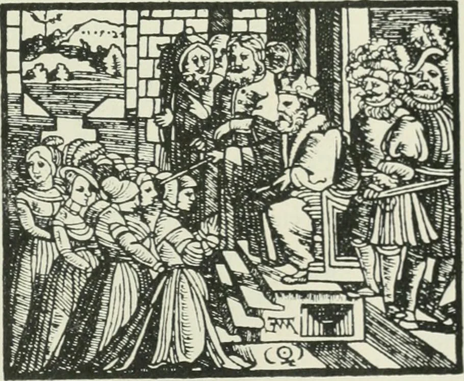 An illustration from Catalogue of an important library of rare and valuable books; incunabula typographica, mostly in original bindings; illustrated books of the XVIth and XVIIIth century; early Americana; Standard works on the fine arts; bibles and liturgical books; fine bindings; Judaica; early books on geography, etc., including Hypnerotomachia Poliphili, 1499; Schatzbehalter, 1491; Terentius, Venezia, 1497; Valturius, 1483; Dürers Hroswitha, Proportion a.o. Holbeins Dance of Death, 1538; The first Holbein Bible; Theuerdank, 1519; Monument du Costume; Janscha-Ziegler, Rheinansichten, etc, 1900, leaf 154