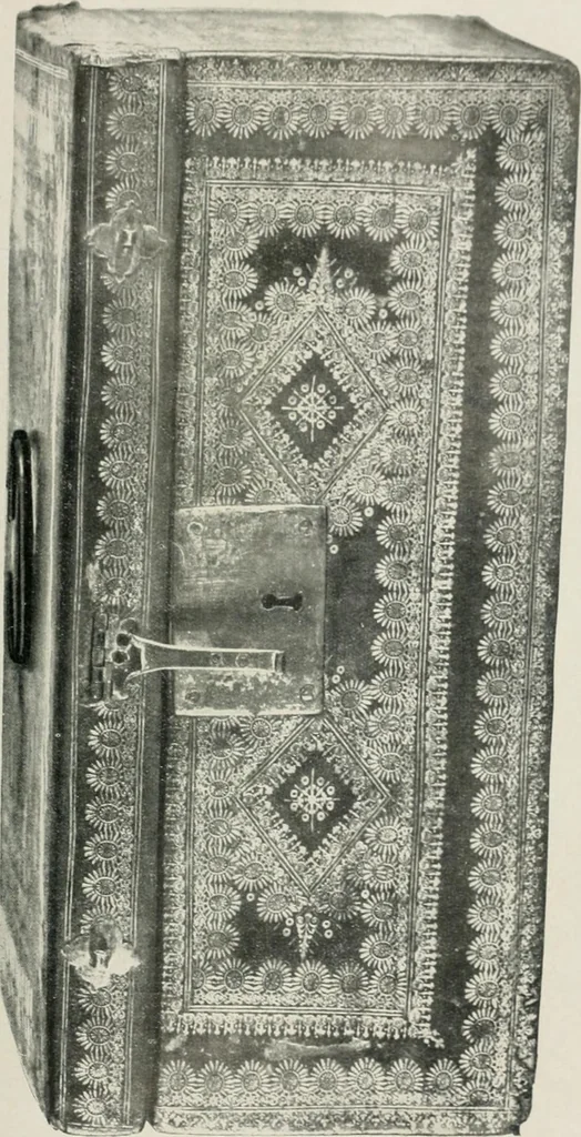 An illustration from Catalogue of an important library of rare and valuable books; incunabula typographica, mostly in original bindings; illustrated books of the XVIth and XVIIIth century; early Americana; Standard works on the fine arts; bibles and liturgical books; fine bindings; Judaica; early books on geography, etc., including Hypnerotomachia Poliphili, 1499; Schatzbehalter, 1491; Terentius, Venezia, 1497; Valturius, 1483; Dürers Hroswitha, Proportion a.o. Holbeins Dance of Death, 1538; The first Holbein Bible; Theuerdank, 1519; Monument du Costume; Janscha-Ziegler, Rheinansichten, etc, 1900, leaf 156