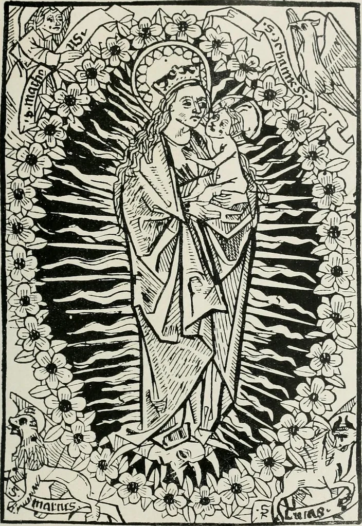 An illustration from Catalogue of an important library of rare and valuable books; incunabula typographica, mostly in original bindings; illustrated books of the XVIth and XVIIIth century; early Americana; Standard works on the fine arts; bibles and liturgical books; fine bindings; Judaica; early books on geography, etc., including Hypnerotomachia Poliphili, 1499; Schatzbehalter, 1491; Terentius, Venezia, 1497; Valturius, 1483; Dürers Hroswitha, Proportion a.o. Holbeins Dance of Death, 1538; The first Holbein Bible; Theuerdank, 1519; Monument du Costume; Janscha-Ziegler, Rheinansichten, etc, 1900, leaf 16