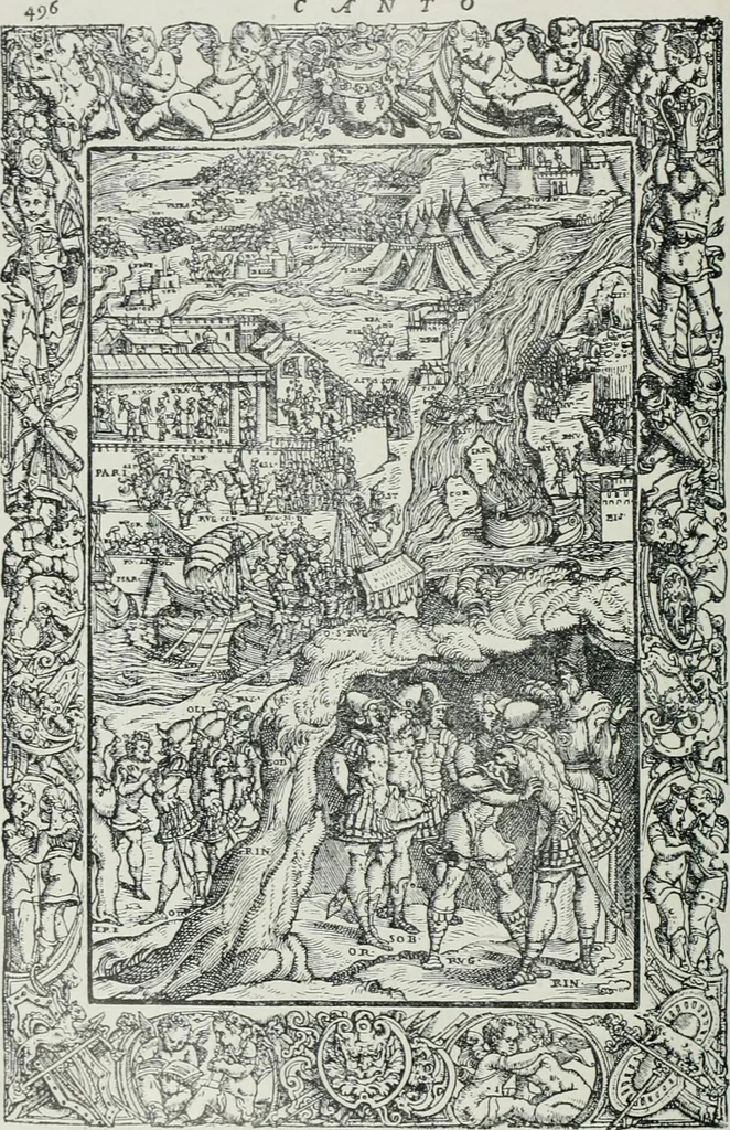 An illustration from Catalogue of an important library of rare and valuable books; incunabula typographica, mostly in original bindings; illustrated books of the XVIth and XVIIIth century; early Americana; Standard works on the fine arts; bibles and liturgical books; fine bindings; Judaica; early books on geography, etc., including Hypnerotomachia Poliphili, 1499; Schatzbehalter, 1491; Terentius, Venezia, 1497; Valturius, 1483; Dürers Hroswitha, Proportion a.o. Holbeins Dance of Death, 1538; The first Holbein Bible; Theuerdank, 1519; Monument du Costume; Janscha-Ziegler, Rheinansichten, etc, 1900, leaf 33