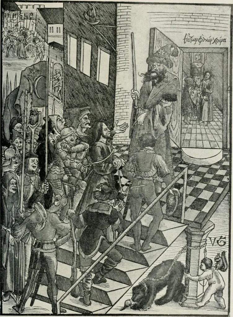 An illustration from Catalogue of an important library of rare and valuable books; incunabula typographica, mostly in original bindings; illustrated books of the XVIth and XVIIIth century; early Americana; Standard works on the fine arts; bibles and liturgical books; fine bindings; Judaica; early books on geography, etc., including Hypnerotomachia Poliphili, 1499; Schatzbehalter, 1491; Terentius, Venezia, 1497; Valturius, 1483; Dürers Hroswitha, Proportion a.o. Holbeins Dance of Death, 1538; The first Holbein Bible; Theuerdank, 1519; Monument du Costume; Janscha-Ziegler, Rheinansichten, etc, 1900, leaf 36