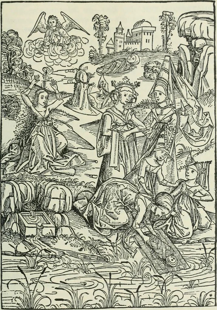 An illustration from Catalogue of an important library of rare and valuable books; incunabula typographica, mostly in original bindings; illustrated books of the XVIth and XVIIIth century; early Americana; Standard works on the fine arts; bibles and liturgical books; fine bindings; Judaica; early books on geography, etc., including Hypnerotomachia Poliphili, 1499; Schatzbehalter, 1491; Terentius, Venezia, 1497; Valturius, 1483; Dürers Hroswitha, Proportion a.o. Holbeins Dance of Death, 1538; The first Holbein Bible; Theuerdank, 1519; Monument du Costume; Janscha-Ziegler, Rheinansichten, etc, 1900, leaf 52