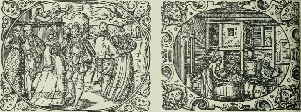 An illustration from Catalogue of an important library of rare and valuable books; incunabula typographica, mostly in original bindings; illustrated books of the XVIth and XVIIIth century; early Americana; Standard works on the fine arts; bibles and liturgical books; fine bindings; Judaica; early books on geography, etc., including Hypnerotomachia Poliphili, 1499; Schatzbehalter, 1491; Terentius, Venezia, 1497; Valturius, 1483; Dürers Hroswitha, Proportion a.o. Holbeins Dance of Death, 1538; The first Holbein Bible; Theuerdank, 1519; Monument du Costume; Janscha-Ziegler, Rheinansichten, etc, 1900, leaf 71