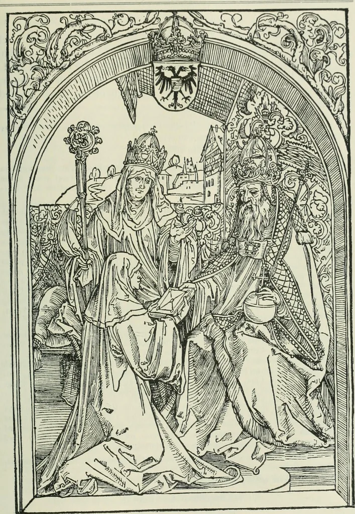 An illustration from Catalogue of an important library of rare and valuable books; incunabula typographica, mostly in original bindings; illustrated books of the XVIth and XVIIIth century; early Americana; Standard works on the fine arts; bibles and liturgical books; fine bindings; Judaica; early books on geography, etc., including Hypnerotomachia Poliphili, 1499; Schatzbehalter, 1491; Terentius, Venezia, 1497; Valturius, 1483; Dürers Hroswitha, Proportion a.o. Holbeins Dance of Death, 1538; The first Holbein Bible; Theuerdank, 1519; Monument du Costume; Janscha-Ziegler, Rheinansichten, etc, 1900, leaf 74