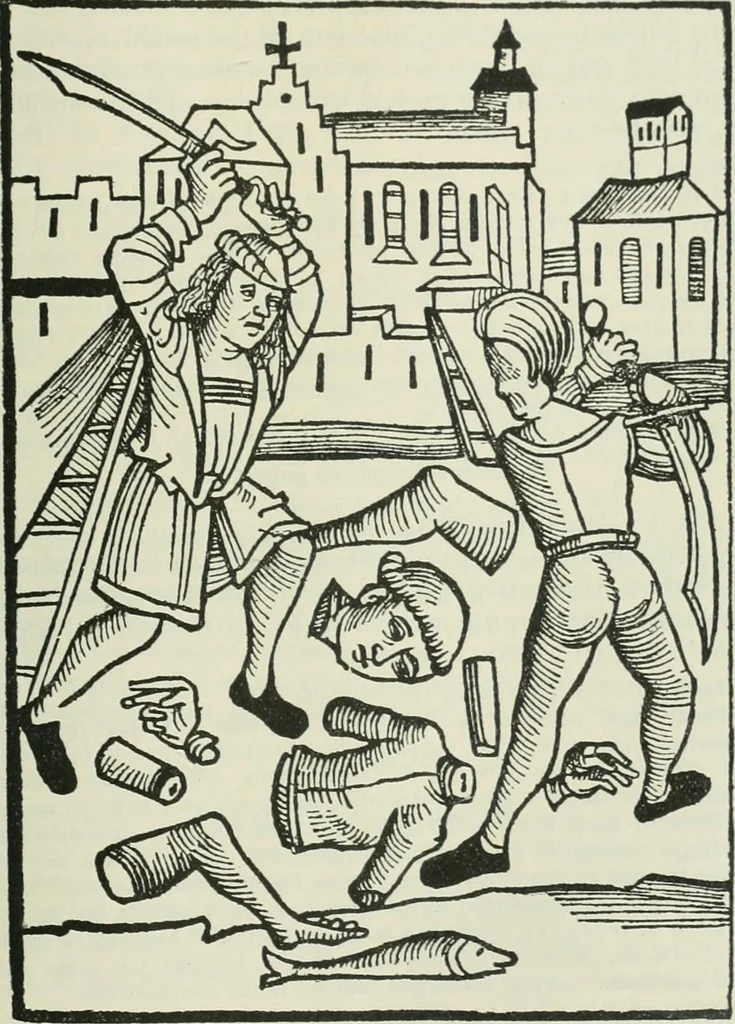 An illustration from Catalogue of an important library of rare and valuable books; incunabula typographica, mostly in original bindings; illustrated books of the XVIth and XVIIIth century; early Americana; Standard works on the fine arts; bibles and liturgical books; fine bindings; Judaica; early books on geography, etc., including Hypnerotomachia Poliphili, 1499; Schatzbehalter, 1491; Terentius, Venezia, 1497; Valturius, 1483; Dürers Hroswitha, Proportion a.o. Holbeins Dance of Death, 1538; The first Holbein Bible; Theuerdank, 1519; Monument du Costume; Janscha-Ziegler, Rheinansichten, etc, 1900, leaf 78